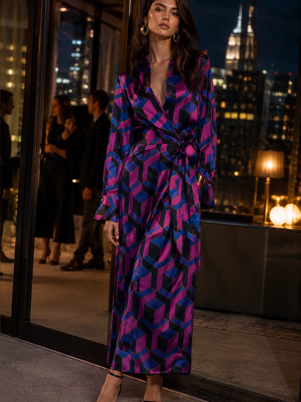 HOUSE OF HARLOW Jewel Tone 70s-Inspired Luxury Wrap Dress, L